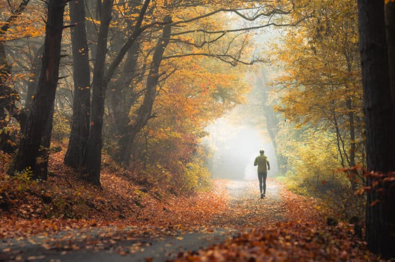 Runner in Autumn Nature. Man train in nature under orange trees. Morning Run in Fall and Winter Time. Motivation photo for active people